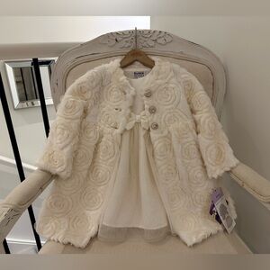 🦢 3T Elegant Cream~Ivory Soft Rosette & Tulle Sparkle Coat & Satin Dress Set NWT